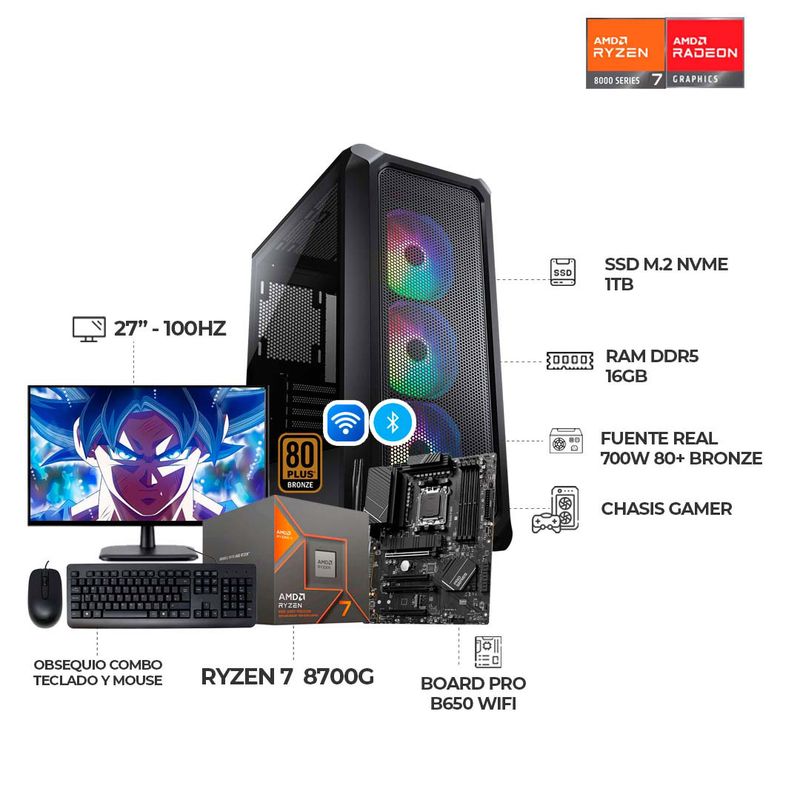 AMD - PC RYZEN 7 8700G B650 WIFI RAM 16GB SSD 1TB CHASIS COUGAR + MONITOR 27" FHD