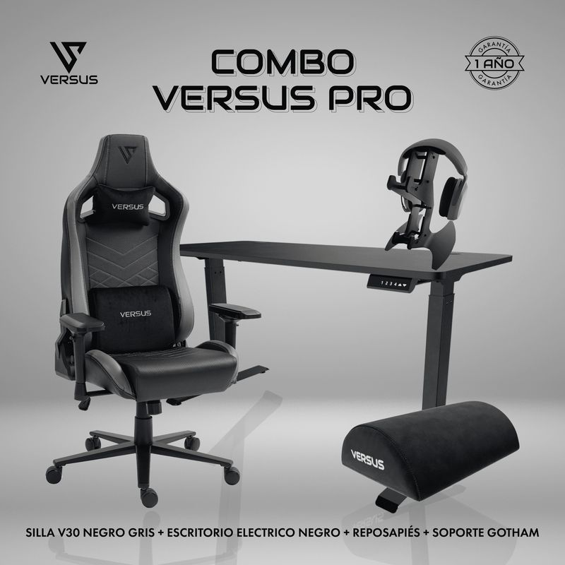 VERSUS - Combo Versus Pro 2+Silla V30NG+Escritorio Ajustable Eléctrico Negro+Reposapiés+Porta diademas multipropósito