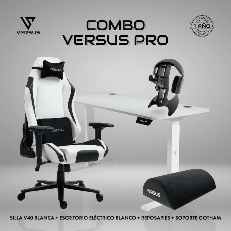 GENERICO - Combo Versus Pro1+Silla Gamer V40BN+Escritorio Ajustable Eléctrico+Reposapiés+Porta Diademas