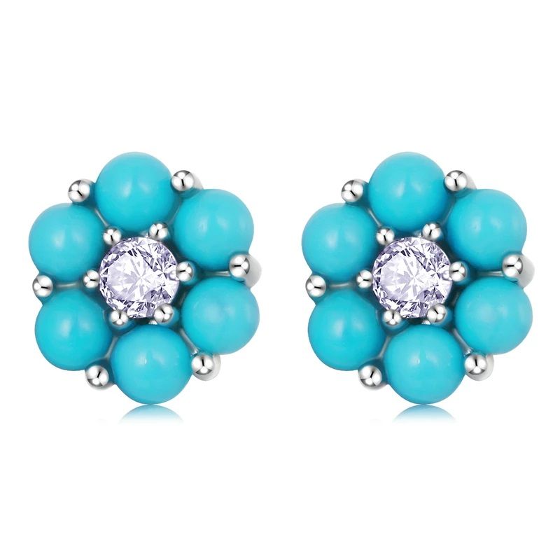 ALHAJAS - Aretes Topitos Para Mujer O Niña Piedras Flor Turquesa En Plata 925
