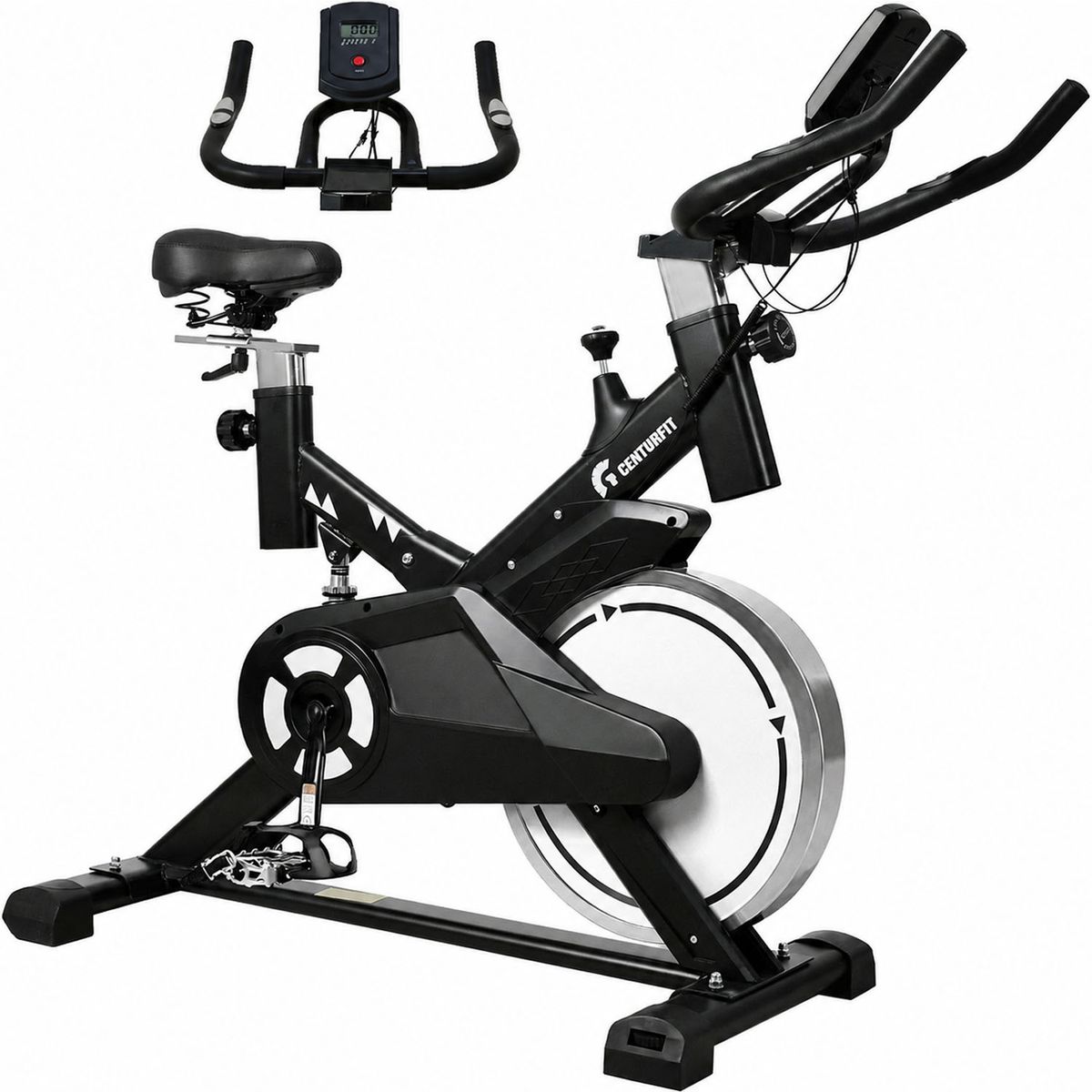 CENTURFIT - Bicicleta Spinning Estatica Profesional Volante 13kg Ajustable Pantalla Digital Soporte Celular Capacidad 140kg