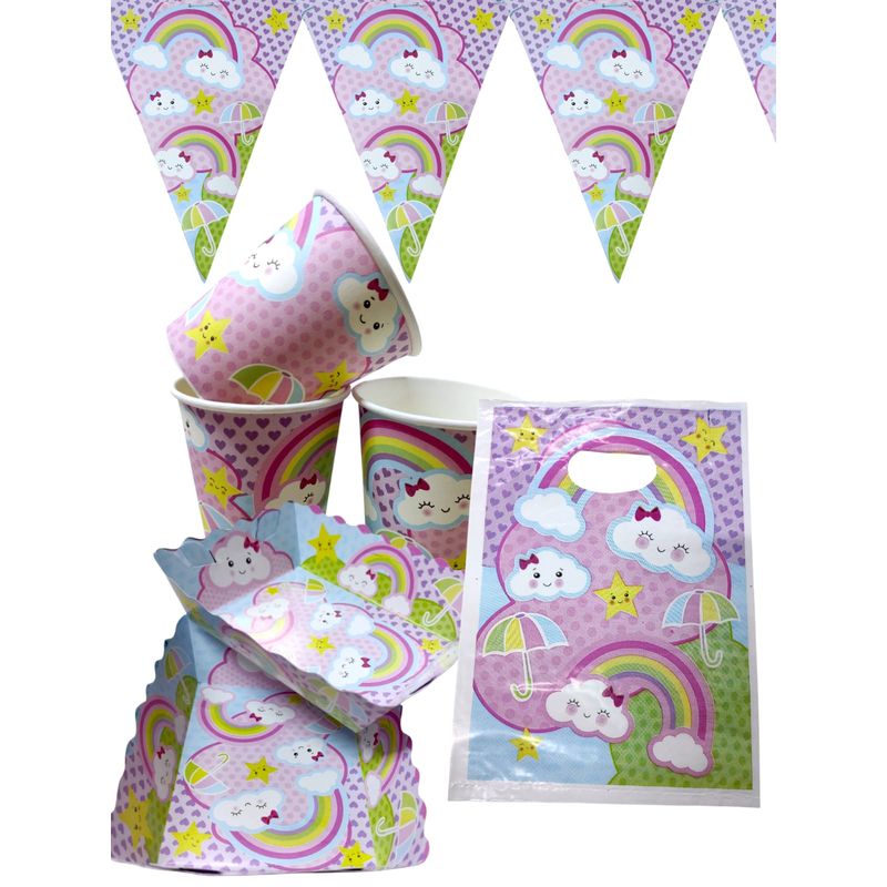 GENERICO - Kit Fiesta Plato Vasos Arcoiris Nubes Decoracion Cumpleaños