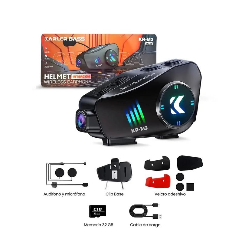 AMERICAN GENERICS - Intercomunicador Con Camara Moto Inalambrico Bluetooth KR-M3+ MICRO SD