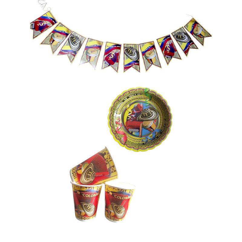GENERICO - Kit Fiesta Colombiana Vasos Banderin Decoracion Cumpleaños