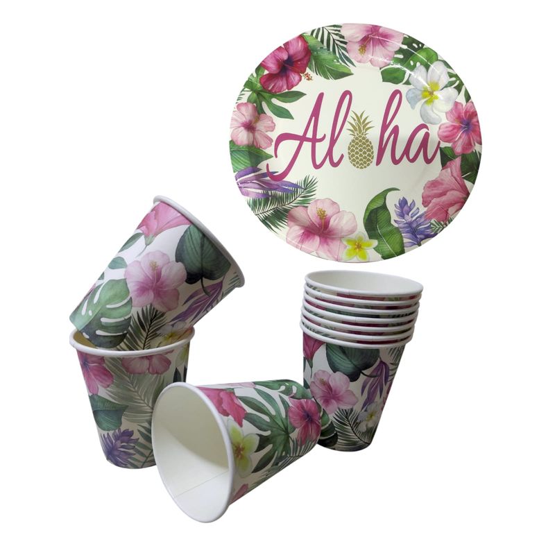 GENERICO - 10 Platos Torta10 Vasos Desechables Fiesta Aloha Hawaiana