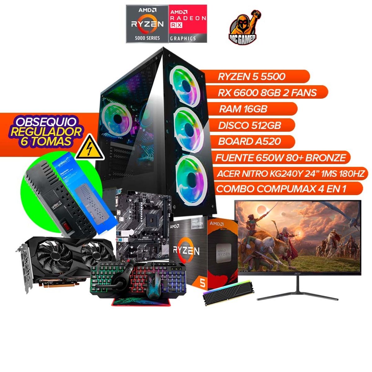AMD - PC Gamer RYZEN 5 5500/RAM 16GB/512GB/ RX 6600 8GB/A520/650W BRZ + Monitor KG240Y