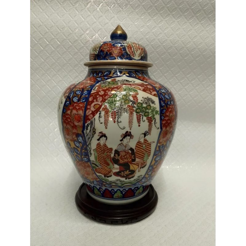 GENERICO - Florero Antiguo En Porcelana China Con Tapa Pintado Al Oleo
