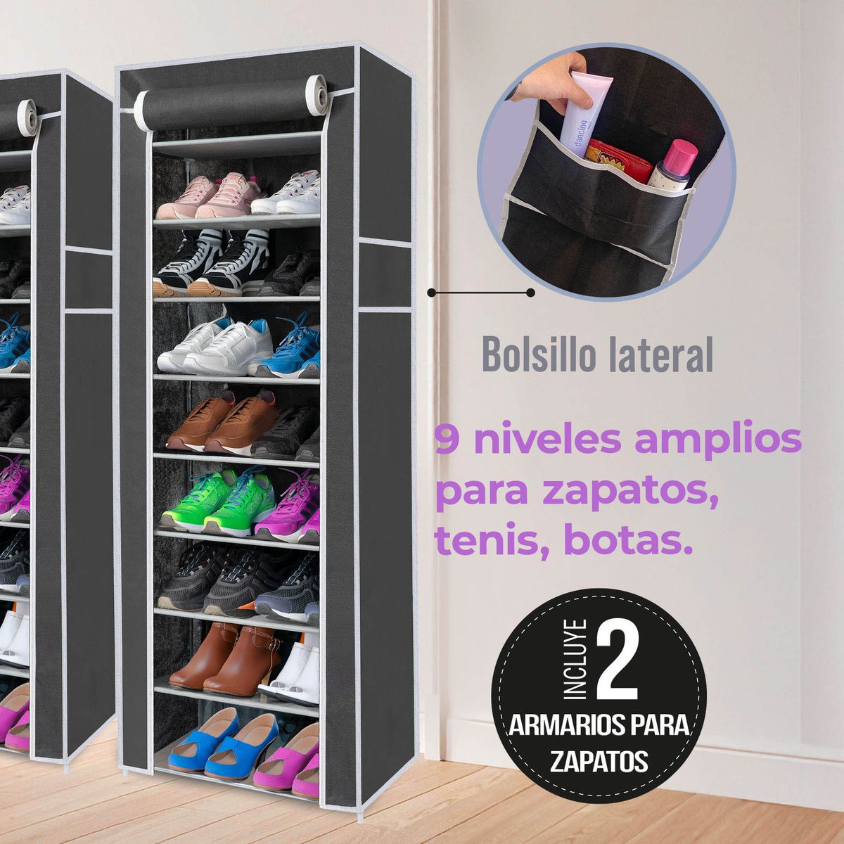 ENERGY PLUS - Set x2 Armario Organizador Zapatos 9 Niveles con Cubierta