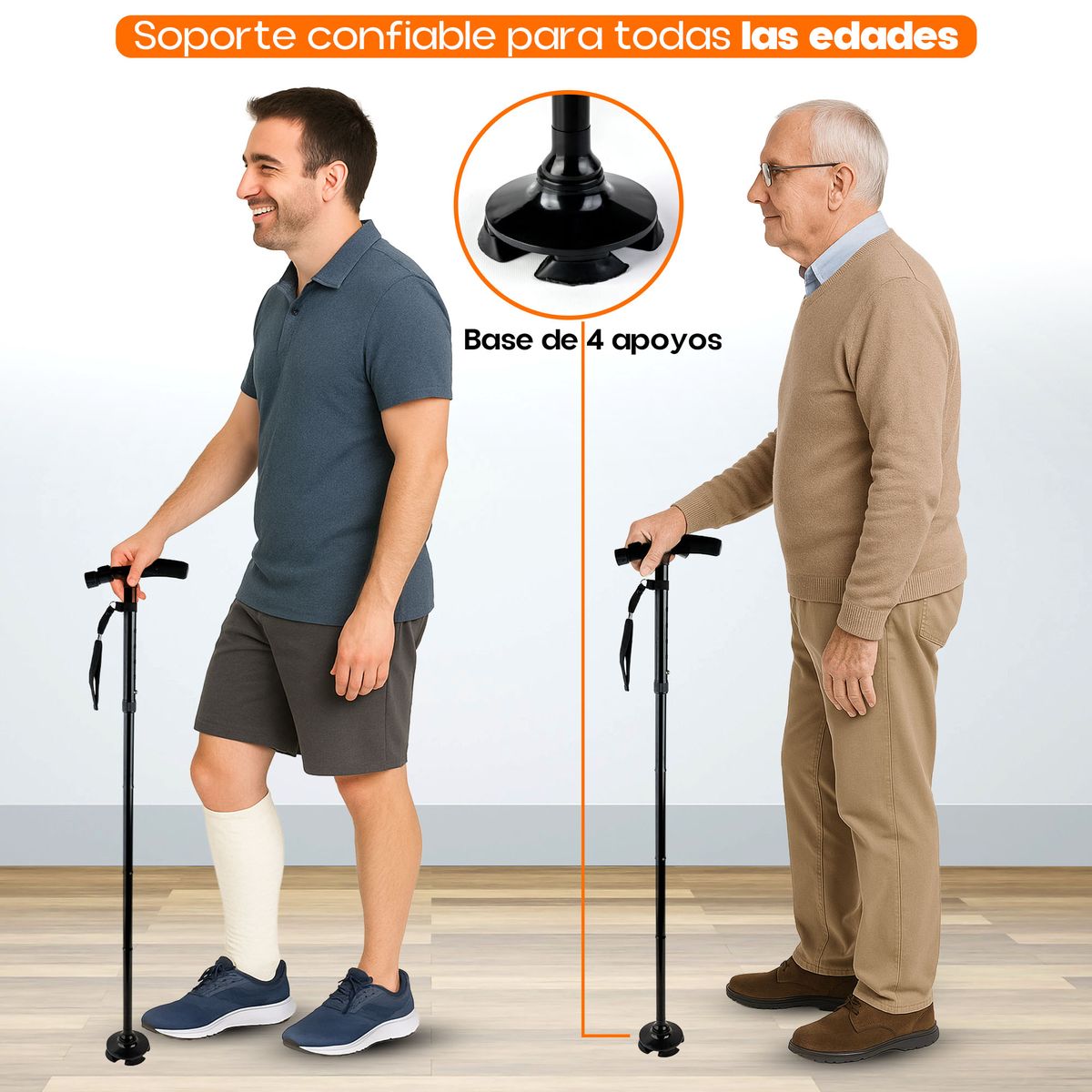 STYLE STARS - Bastón 4 Patas con Luz LED - Altura Ajustable y Plegable