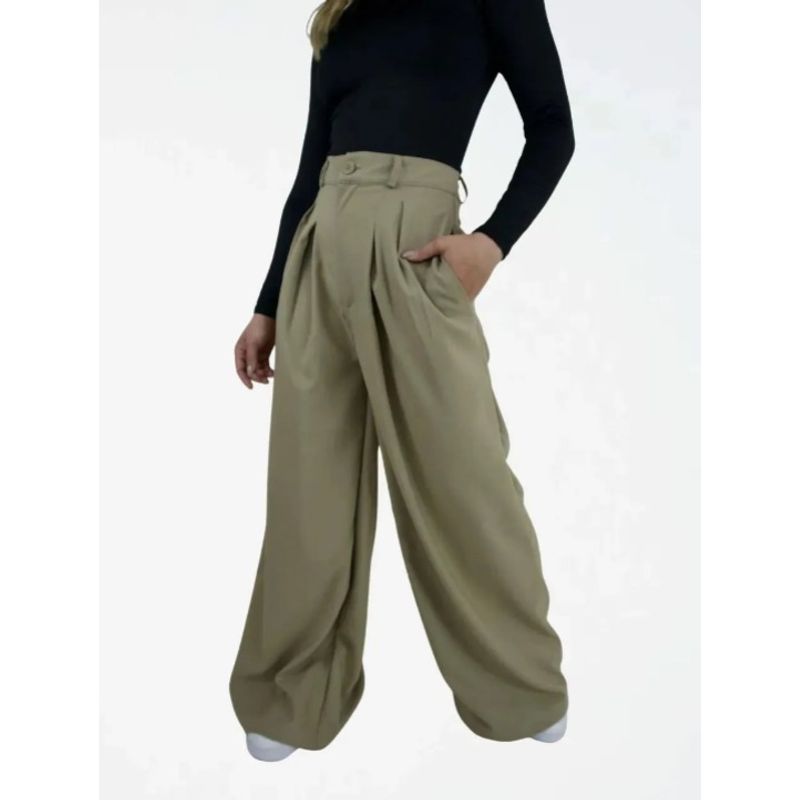 MOLGOA - Pantalón Tipo Palazzo Tiro Alto - Santana Beige