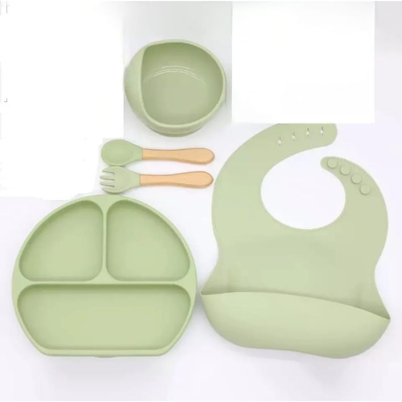 GENERICO - Vajillas para bebe en silicona  con cuchara y tenedor verde