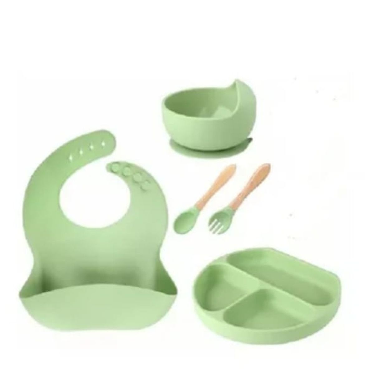 GENERICO - Vajillas para bebe en silicona  con cuchara y tenedor verde