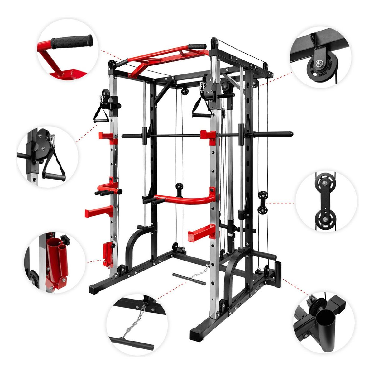 CENTURFIT - Jaula Smith Gimnasio Multifuncional Power Black Rack Poleas Estructura Negro Tapizado Negro