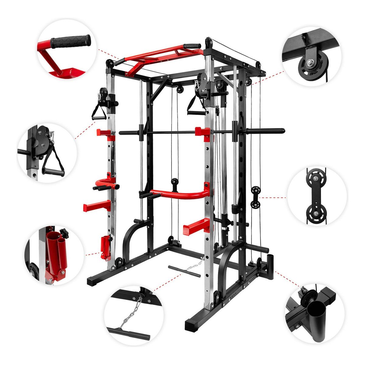 CENTURFIT - Jaula Smith Gimnasio Multifuncional Power Black Rack Poleas Estructura Negro Tapizado Negro