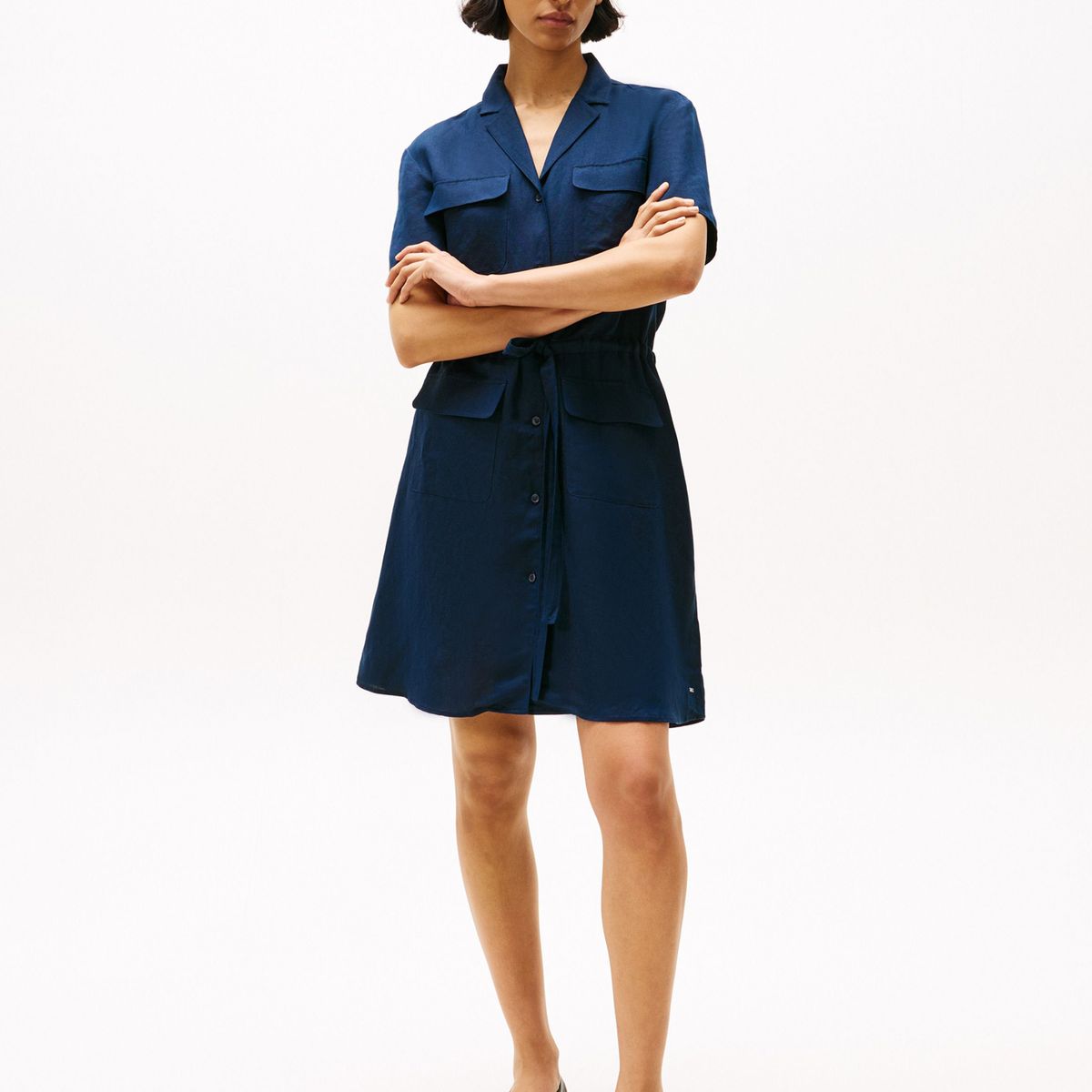 TOMMY HILFIGER - Vestido azul camisero corto de mezcla de lino Tommy Hilfiger