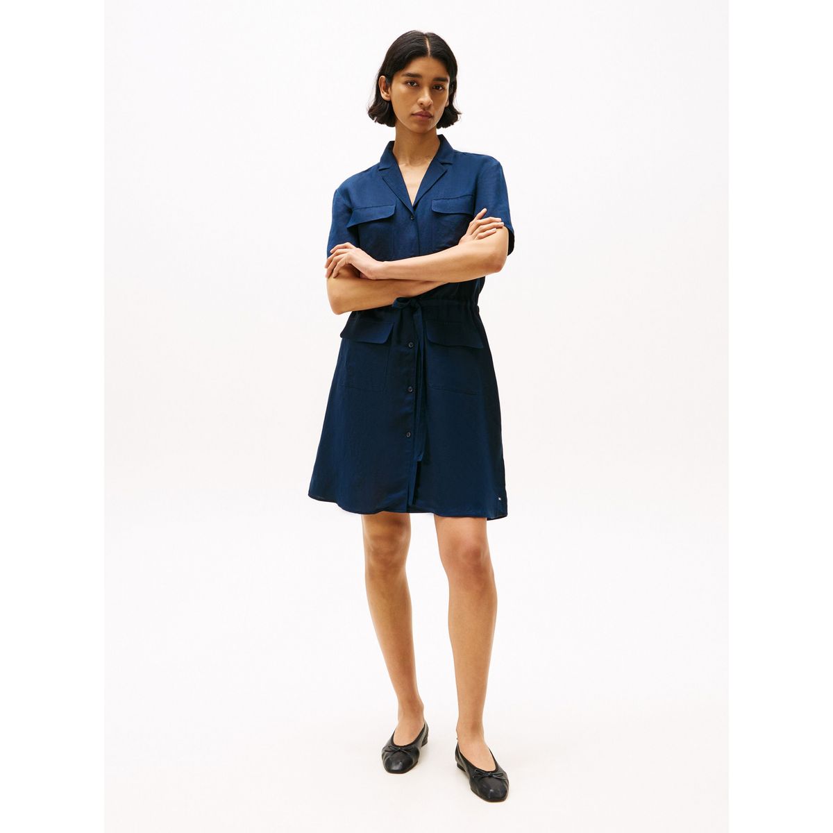 TOMMY HILFIGER - Vestido azul camisero corto de mezcla de lino Tommy Hilfiger