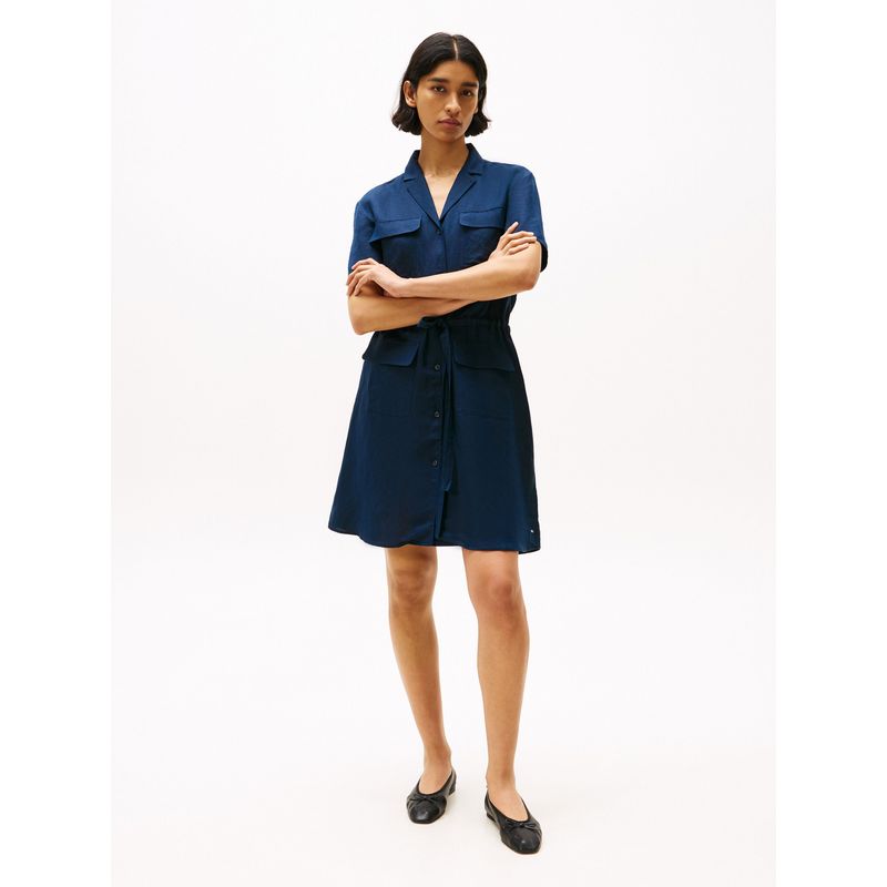 TOMMY HILFIGER - Vestido azul camisero corto de mezcla de lino Tommy Hilfiger