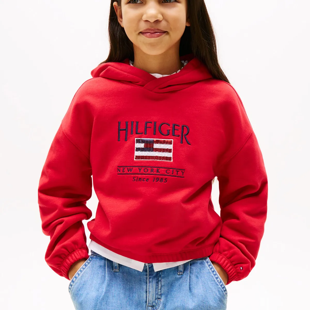 TOMMY HILFIGER - Saco rojo con capota y logo de lentejuelas Tommy Hilfiger