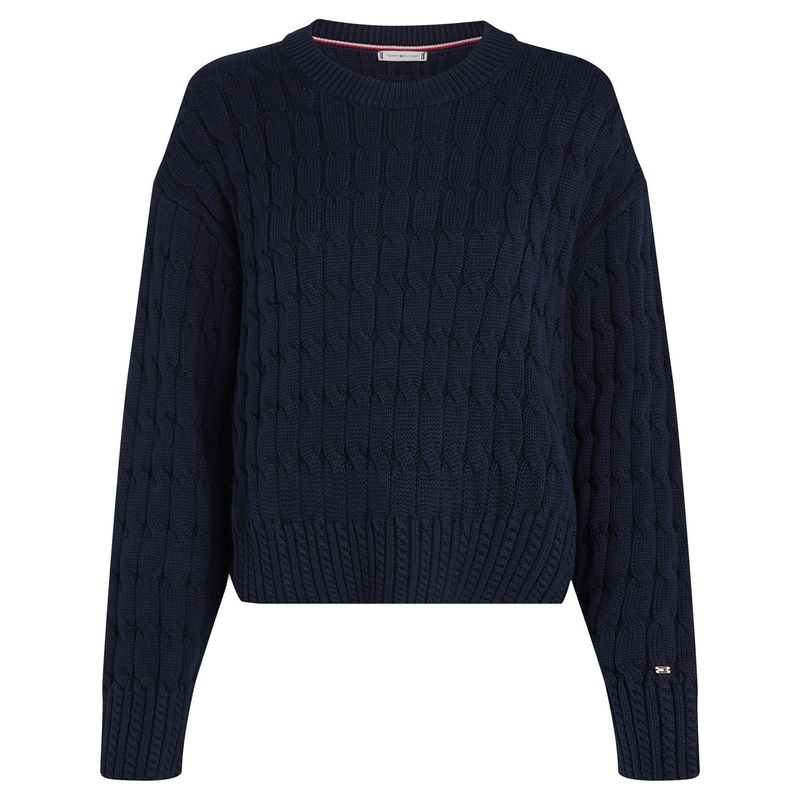 TOMMY HILFIGER - Saco azul tejido de punto trenzado con cuello redondo Tommy Hilfiger