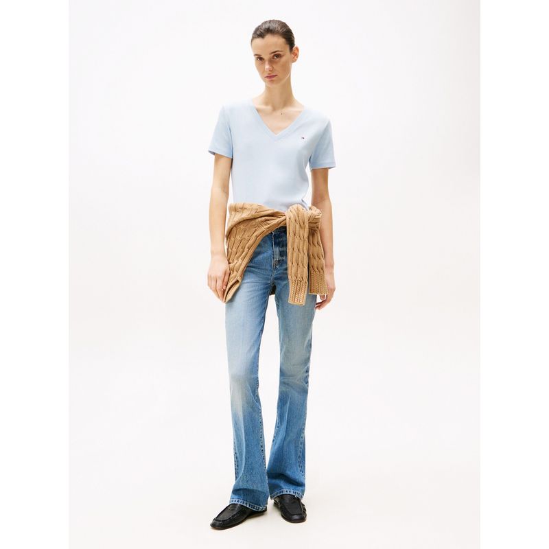 TOMMY HILFIGER - Camiseta celeste de rayas con cuello en V Tommy Hilfiger