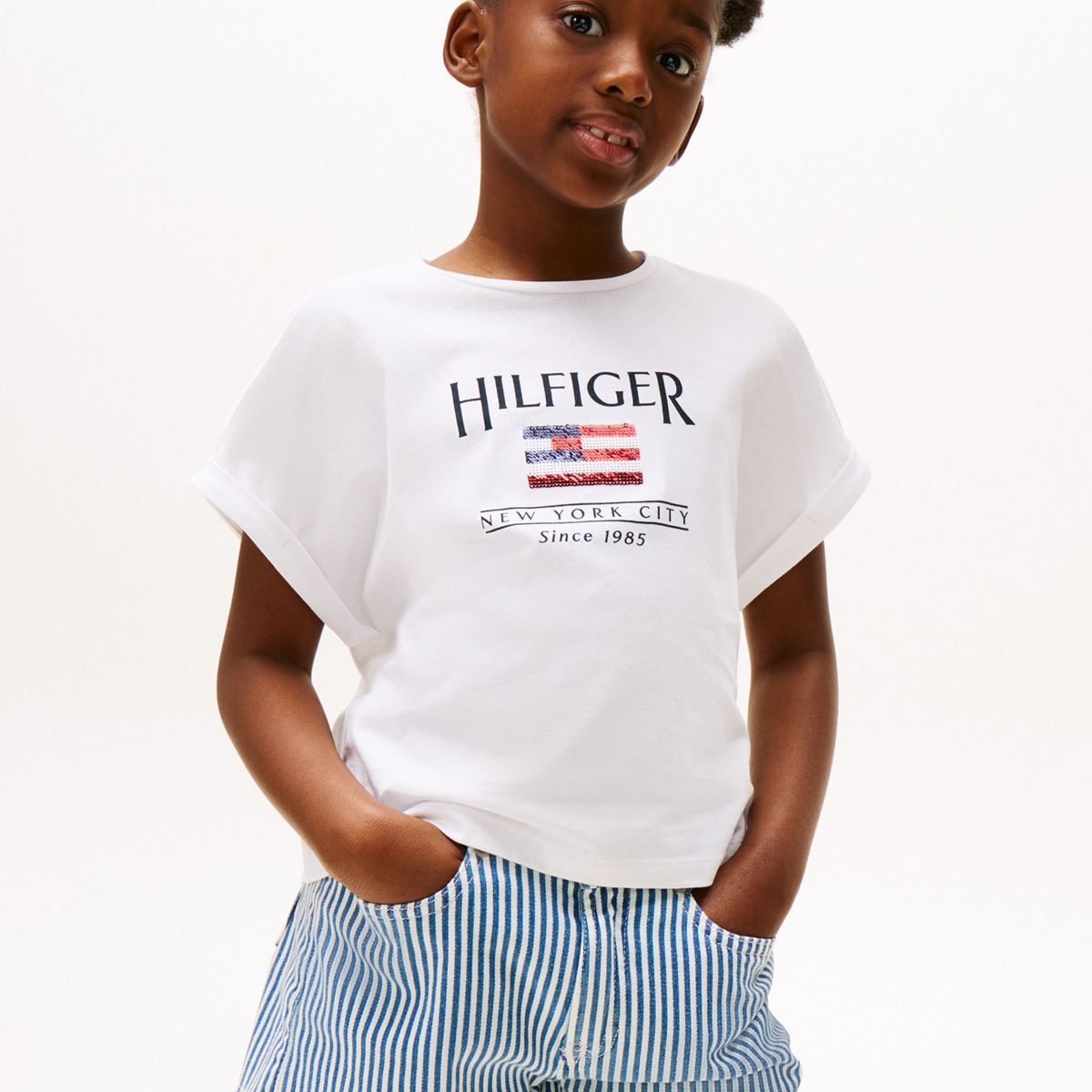 TOMMY HILFIGER - Camiseta blanca holgada con logo de lentejuelas Tommy Hilfiger
