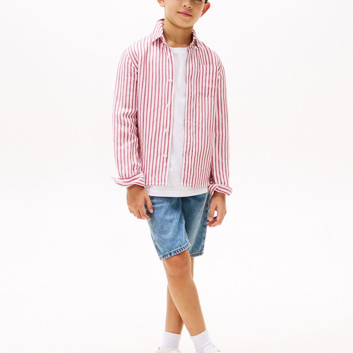 TOMMY HILFIGER - Camisa roja de rayas en mezcla de lino Tommy Hilfiger