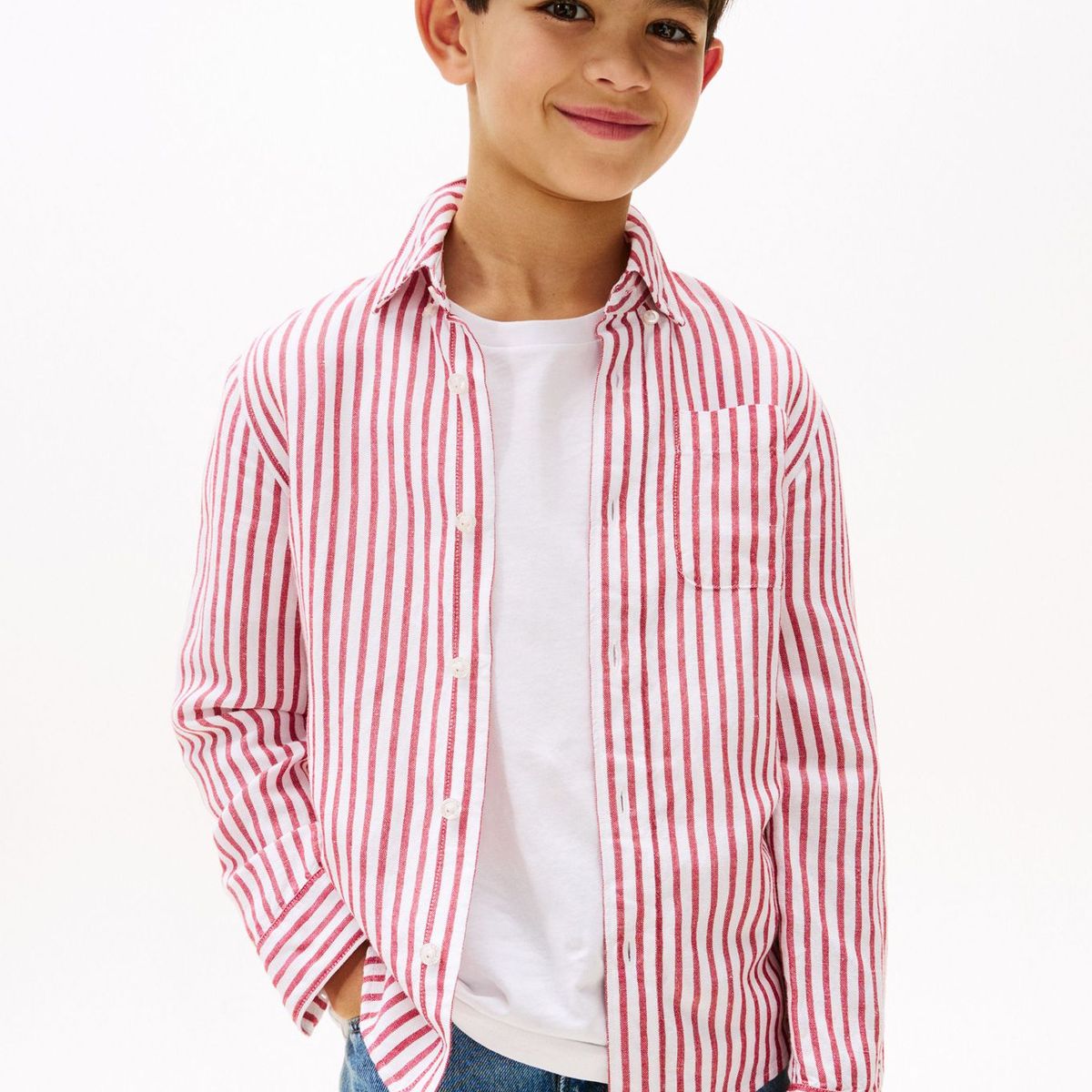 TOMMY HILFIGER - Camisa roja de rayas en mezcla de lino Tommy Hilfiger