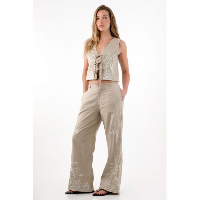 TENNIS - Pantalón Wide Leg bordado crudo para mujer
