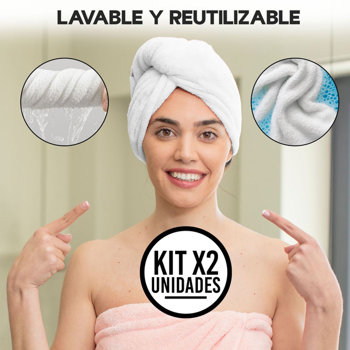 ENERGY PLUS - Set x2 Toalla Turbante para Cabello Algodón Ultra Absorbente