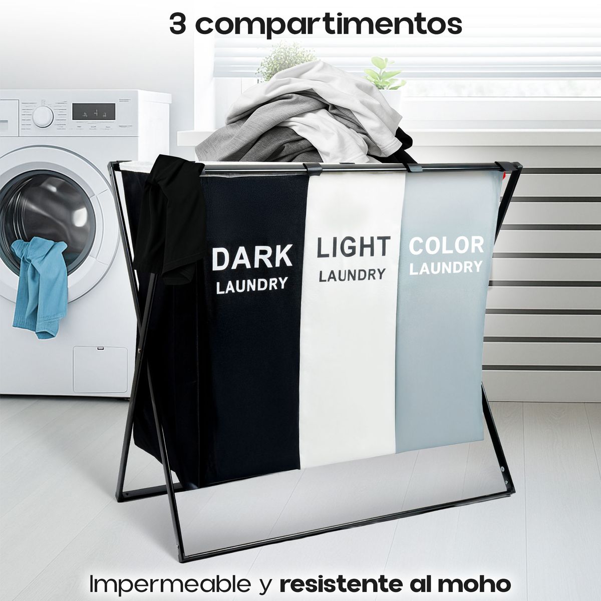 ENERGY PLUS - Canasta Ropa Sucia con 3 Compartimentos y Tela Impermeable