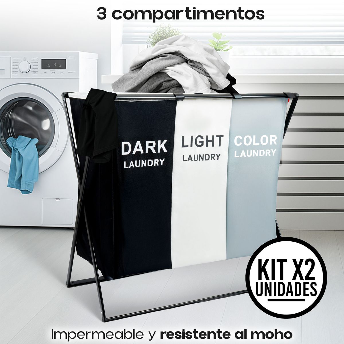 ENERGY PLUS - Set x2 Canasta Ropa Sucia 3 Compartimentos Tela Impermeable