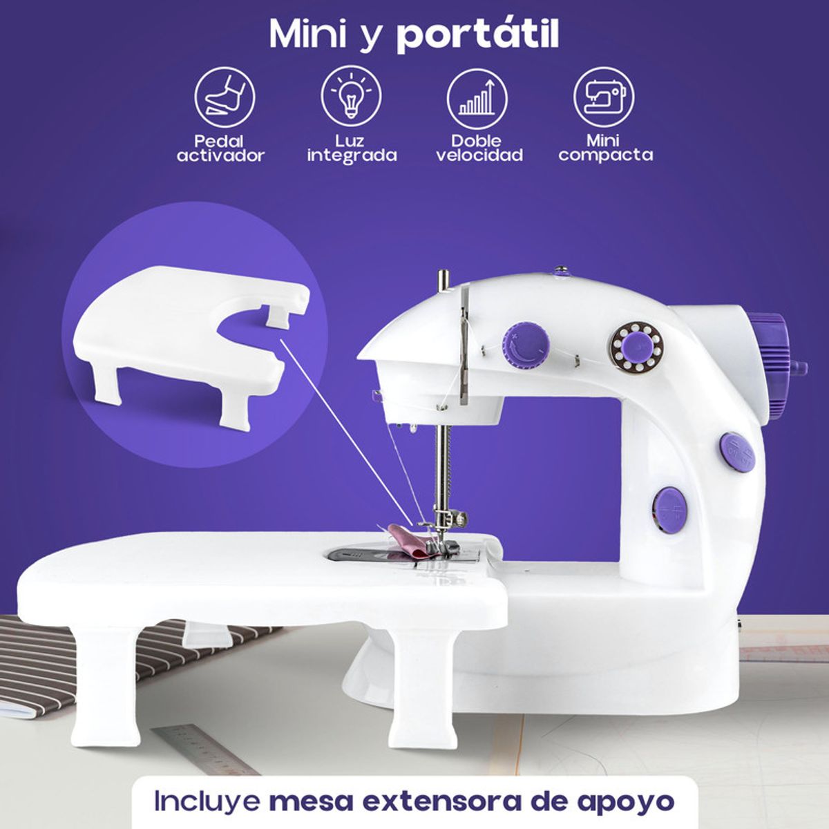 ENERGY PLUS - Máquina de Coser Mini Eléctrica con Mesa Extensora y Pedal