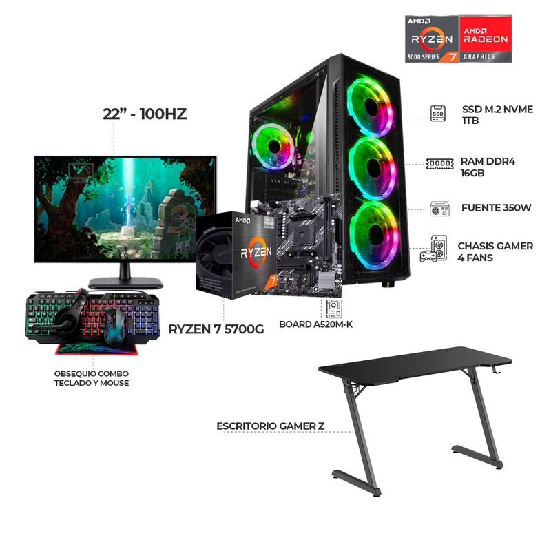 AMD - COMBO PC RYZEN 7 5700G RAM 16GB SSD 1TB + MONITOR 22" FHD + ESCRITORIO GAMER