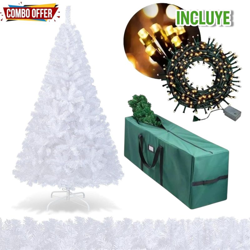 EVERGREEN - Árbol navidad blanco 180 cm importado 750 ramas Combo luces y estuche