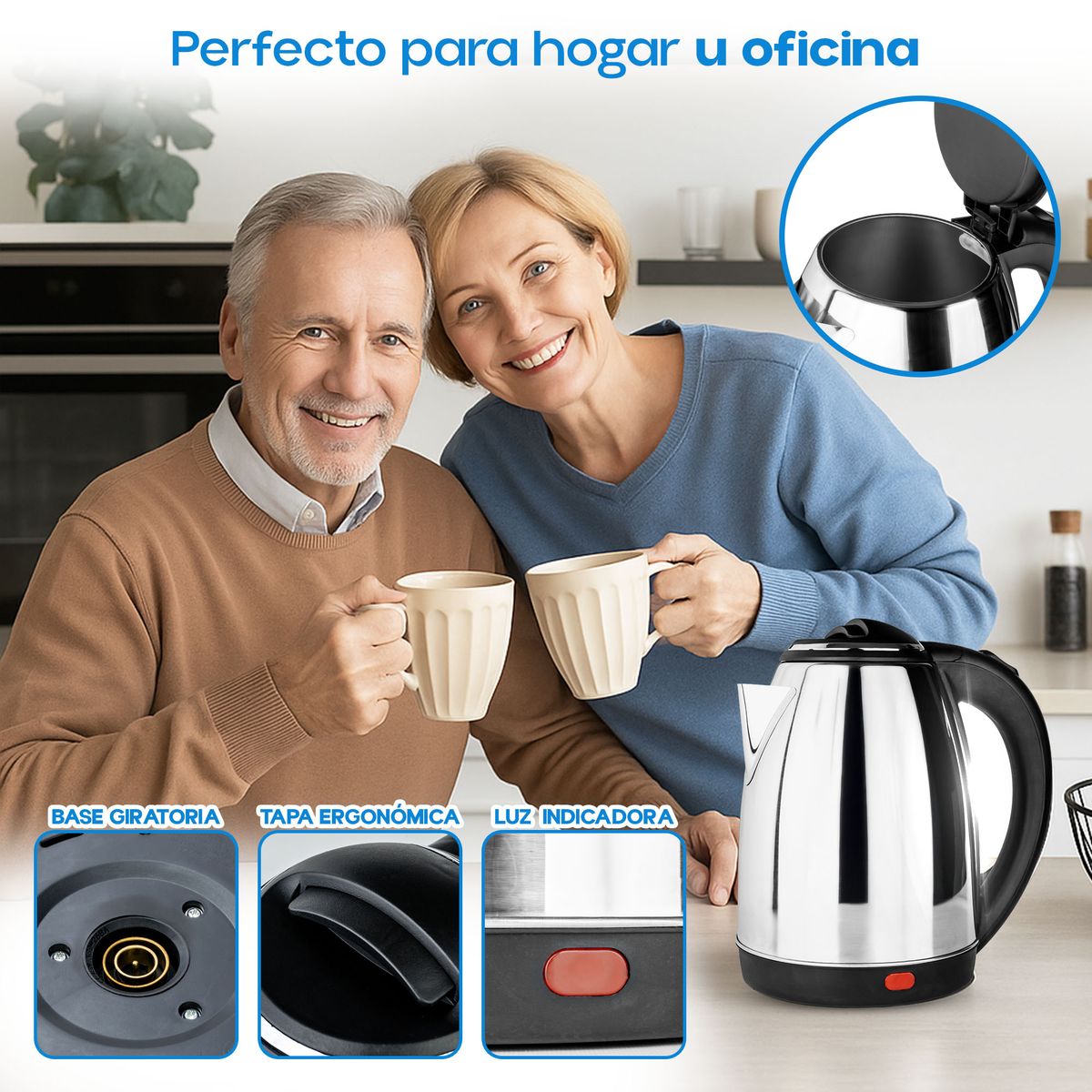 CHEF MASTER - Hervidor de Agua Eléctrico 2L Acero con Apagado Automático