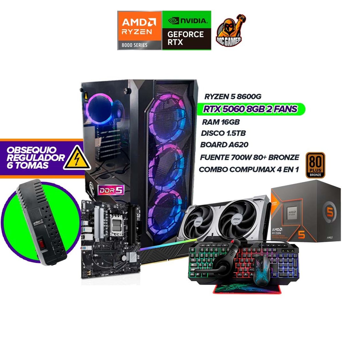 AMD - TORRE GAMER RYZEN 5 8600G / 5060 8GB / A620 / 16GB DR5 / 1.5TB SSD / 700W 80+ / COMBO 4 EN 1