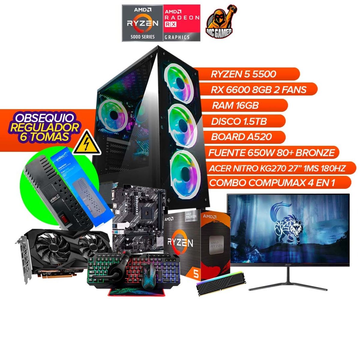 AMD - PC Gamer Ryzen 5 5500 / RX 6600 8GB / 16GB RAM / 1.5TB / Monitor 27” 180Hz