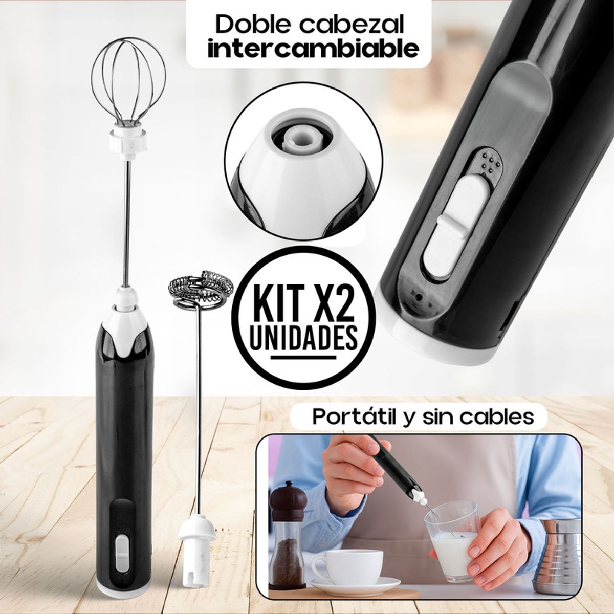 CHEF MASTER - Set x2 Batidor Eléctrico Portátil Recargable Doble con USB