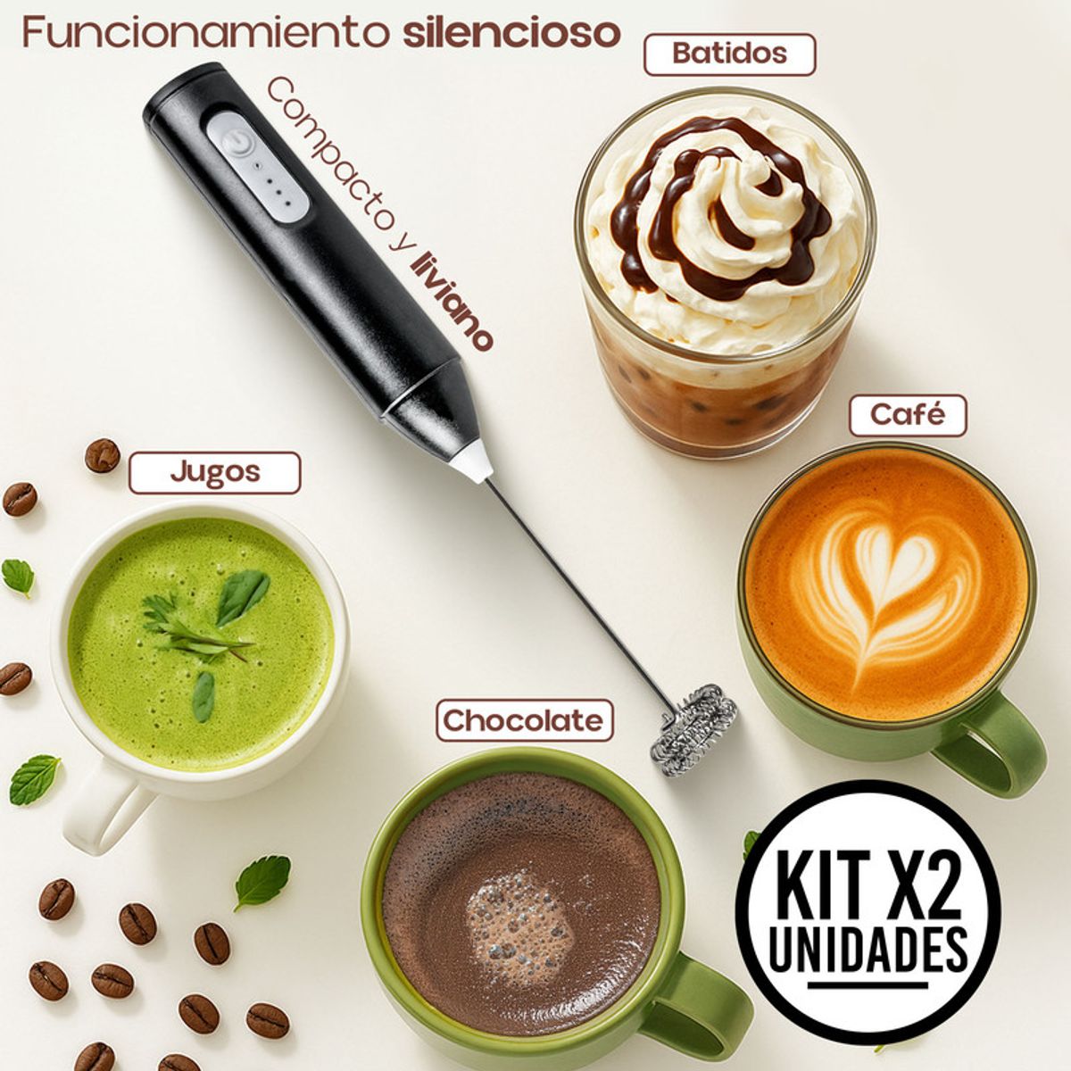 CHEF MASTER - Set x2 Batidor Eléctrico Portátil USB Leche Café y Matcha
