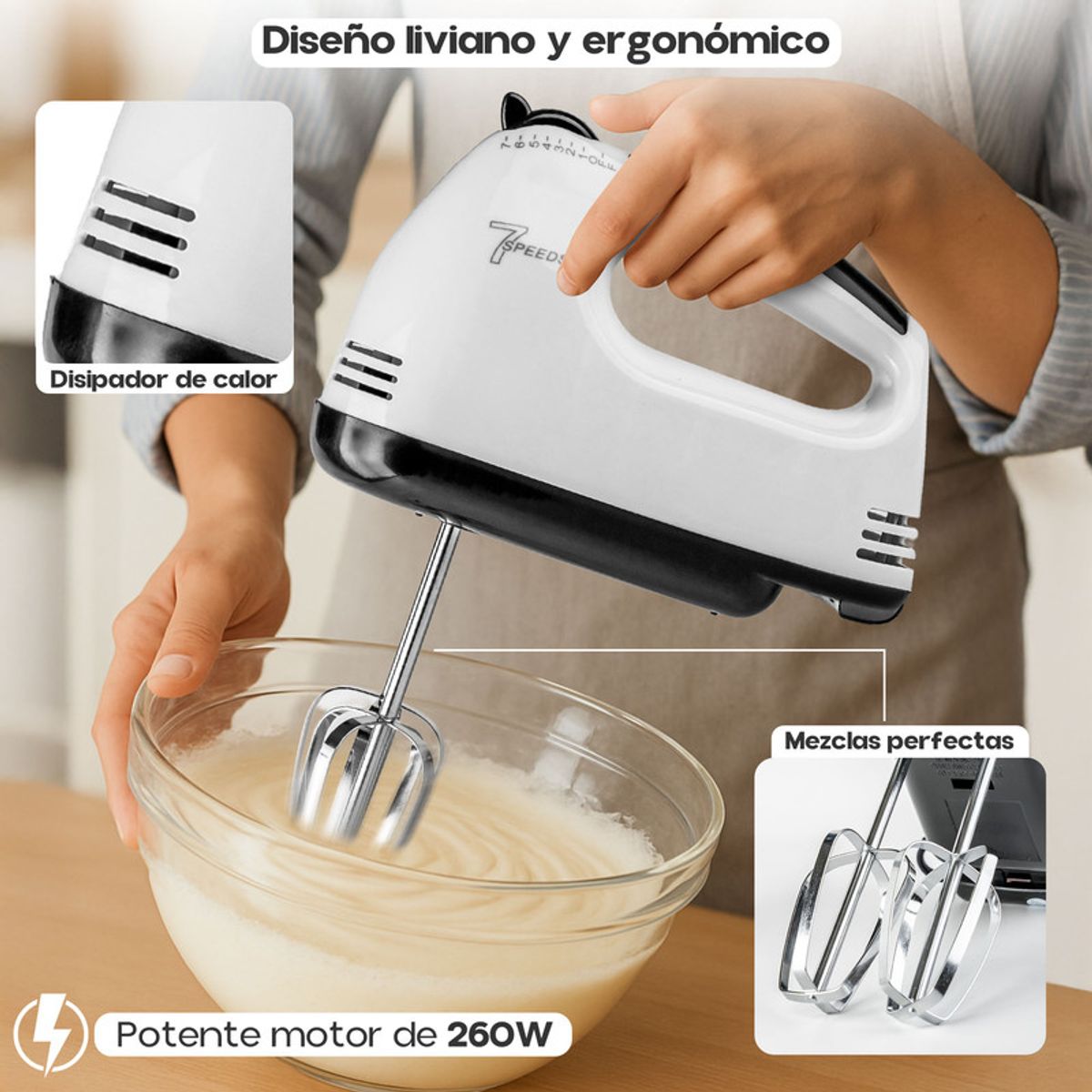 CHEF MASTER - Batidora Eléctrica de Mano 7 Vel con Ganchos y Batidores