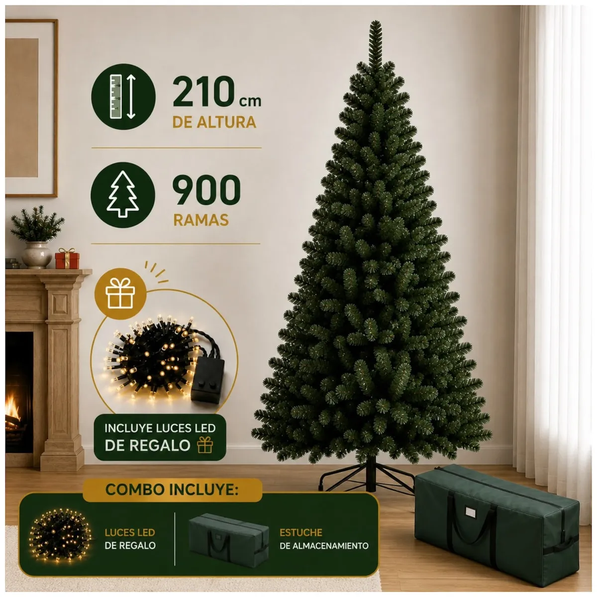 EVERGREEN - Árbol de navidad Evergreen 210 cm verde de 900 ramas Combo con estuche