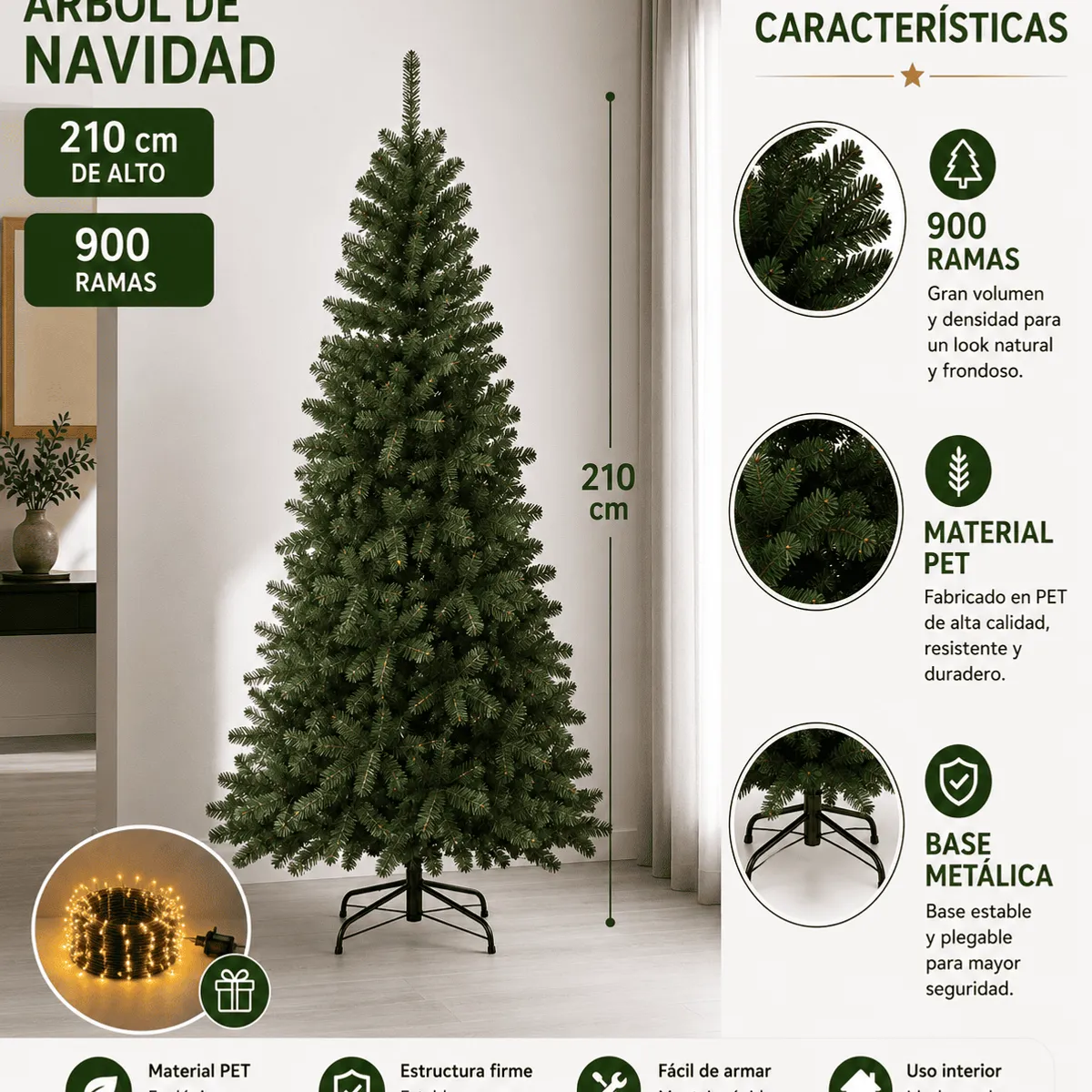 EVERGREEN - Árbol de navidad Evergreen 210 cm verde de 900 ramas Combo con estuche