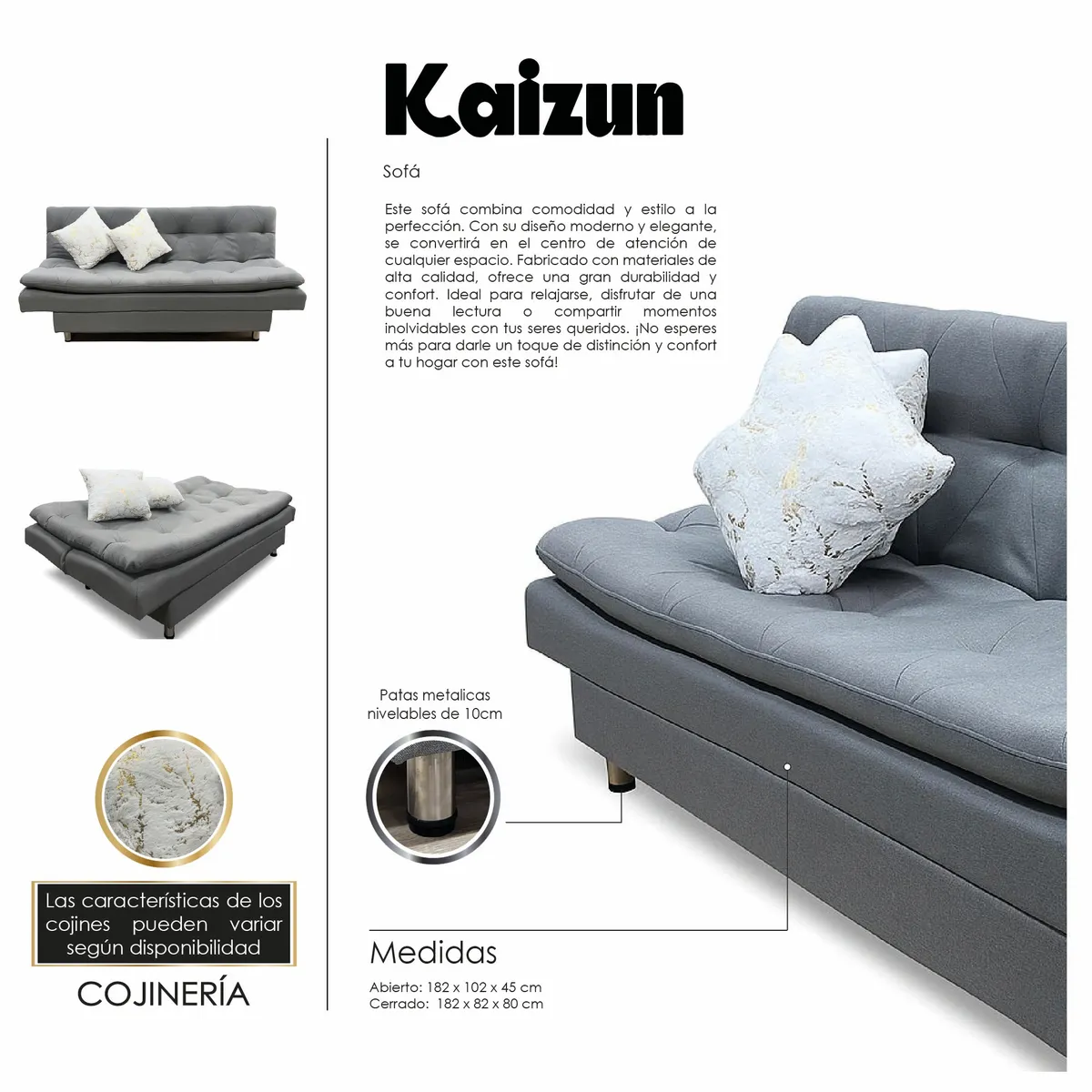 KAIU HOME - Sofa Cama Kaisun Gris + Cojines