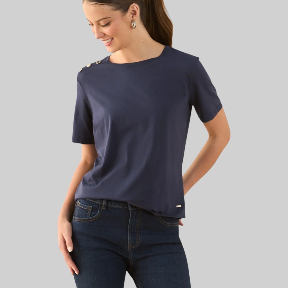 ESPRIT - Esprit Camiseta para Mujer con Botones Decorativos Hombro - Blusa para Dama Formal