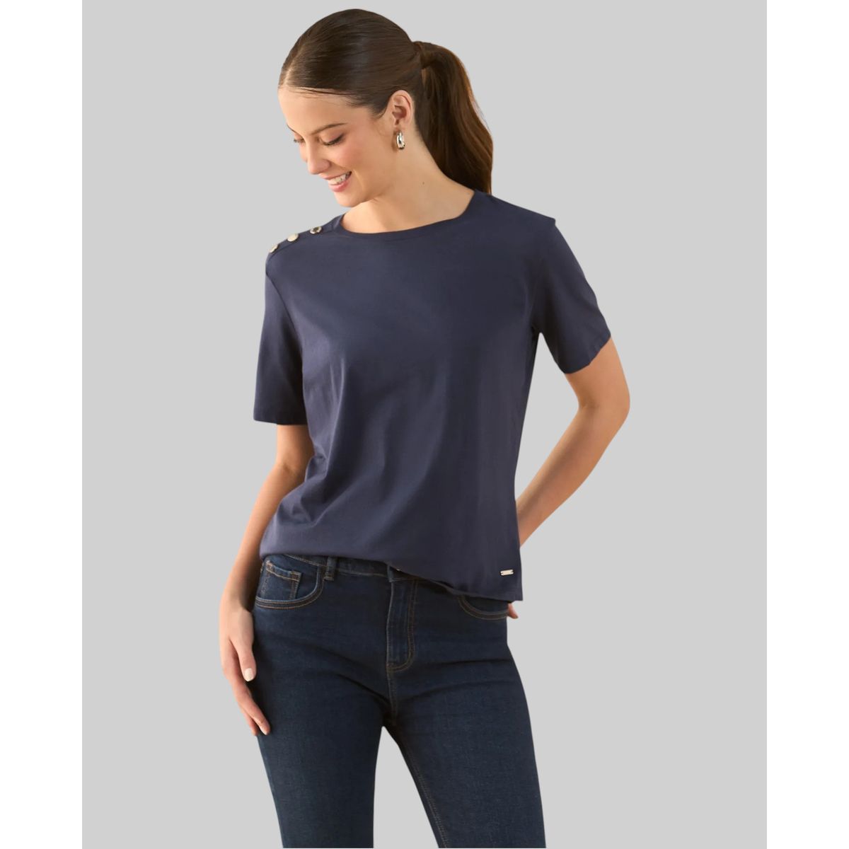 ESPRIT - Esprit Camiseta para Mujer con Botones Decorativos Hombro - Blusa para Dama Formal