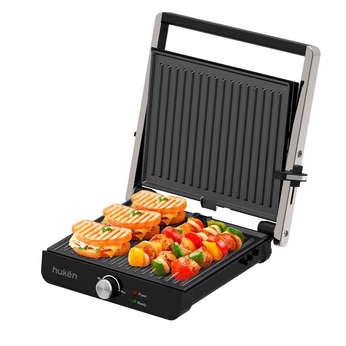 HUKEN - Parrilla Panini Grill Pro XL 4Rebanadas 180° Acero Hukën