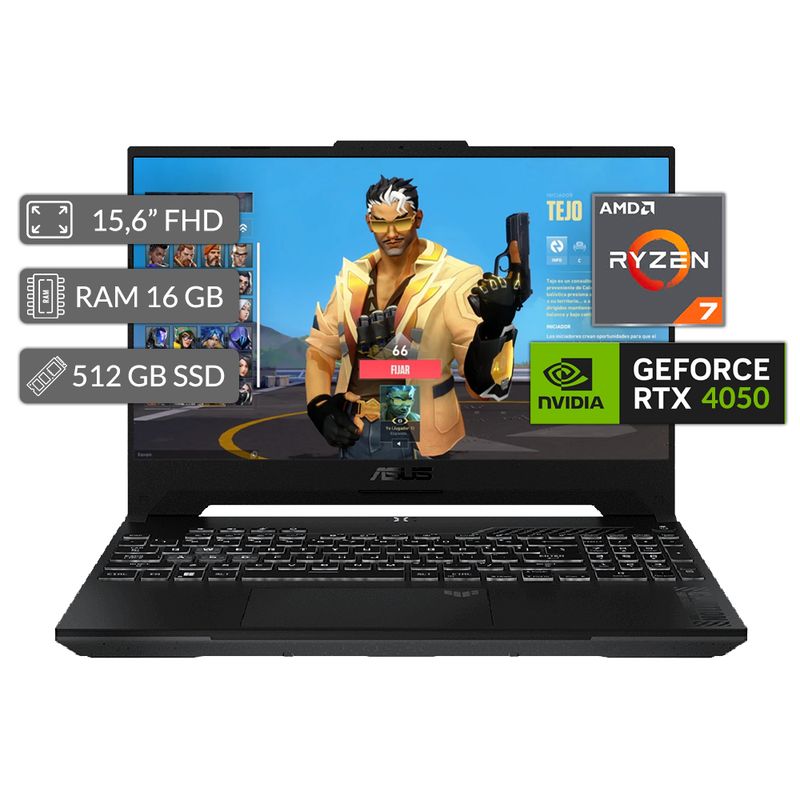 ASUS - Portátil ASUS TUF Gaming A15  Ryzen 7 7435HS  16GB RAM  RTX 4050  512GB SSD  15.6" FHD  Win 11 Pro
