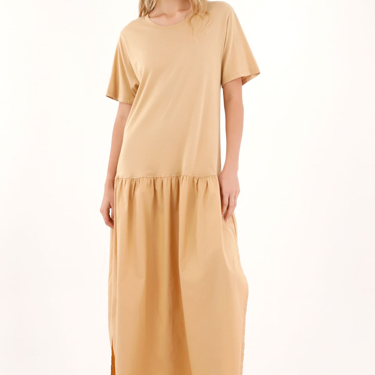 TOPMARK - Vestido largo en mix de telas café para mujer