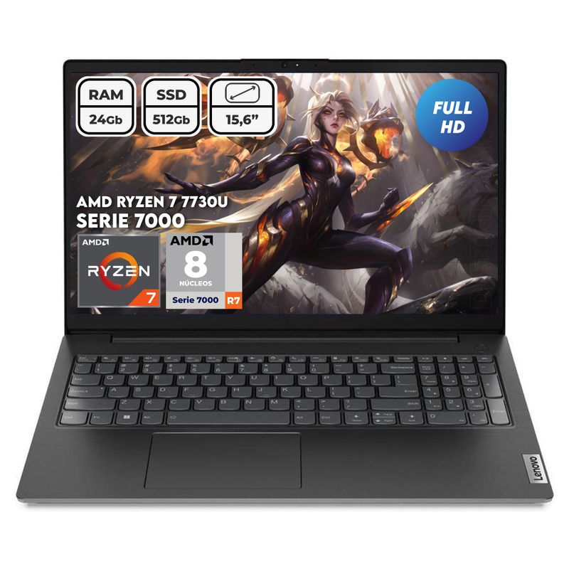 LENOVO - Portátil Lenovo V15 Ryzen 7 7730u Ram 24gb Ssd512gb Fhd 15.6 Computador Portátil
