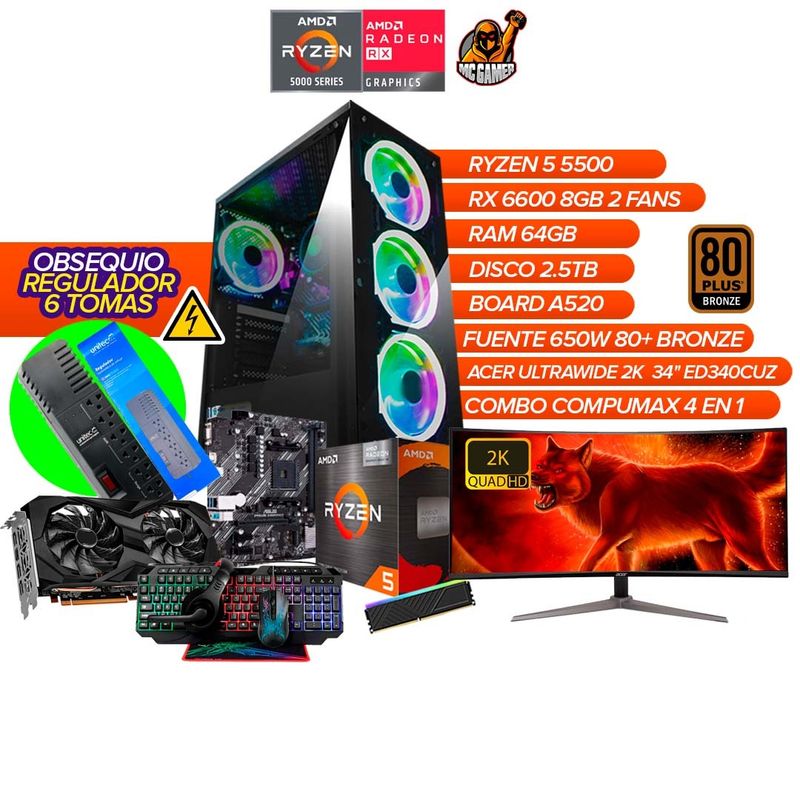AMD - PC Gamer Ryzen 5 5500/RX 6600/64GB/2.5TB/A520/650W BRZ/Monitor 34" 2K